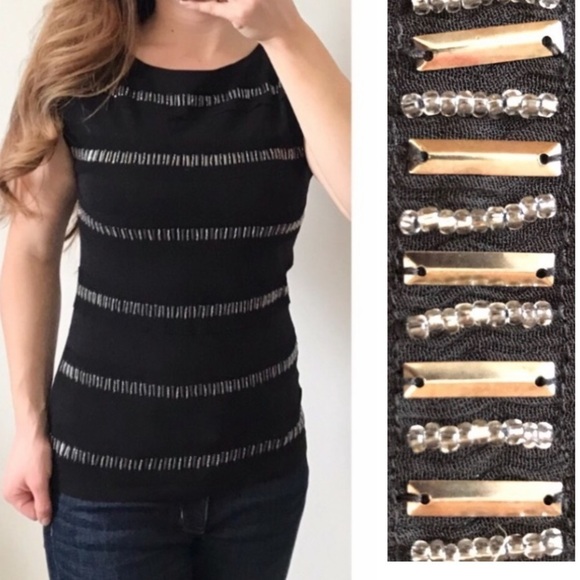 ANN TAYLOR Black Beaded Cap Sleeve Top Size SmallP - Picture 1 of 8